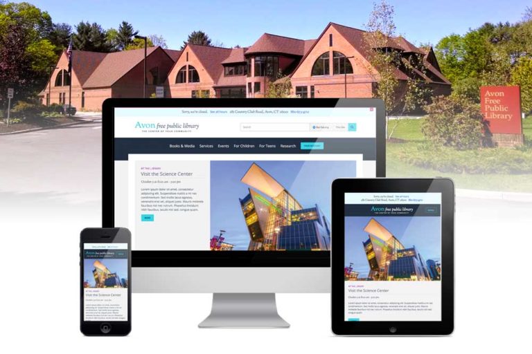 Screenshots of Avon Free Public Library's responsive website on desktop, tablet, and mobile with an image of the library building in the background.