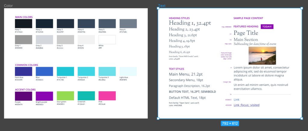 Two pages of a Figma style guide: the first page shows color swatches for the website, and the second shows text styles and same page content layout.