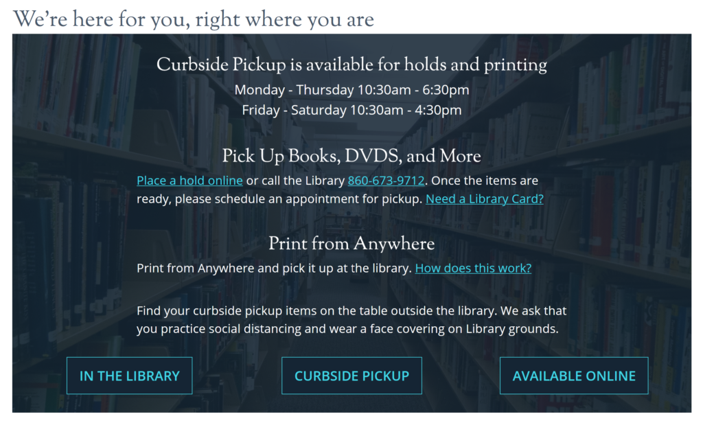 Screenshot of Avon Library's website homepage banner detailing curbside pickup options during the pandemic