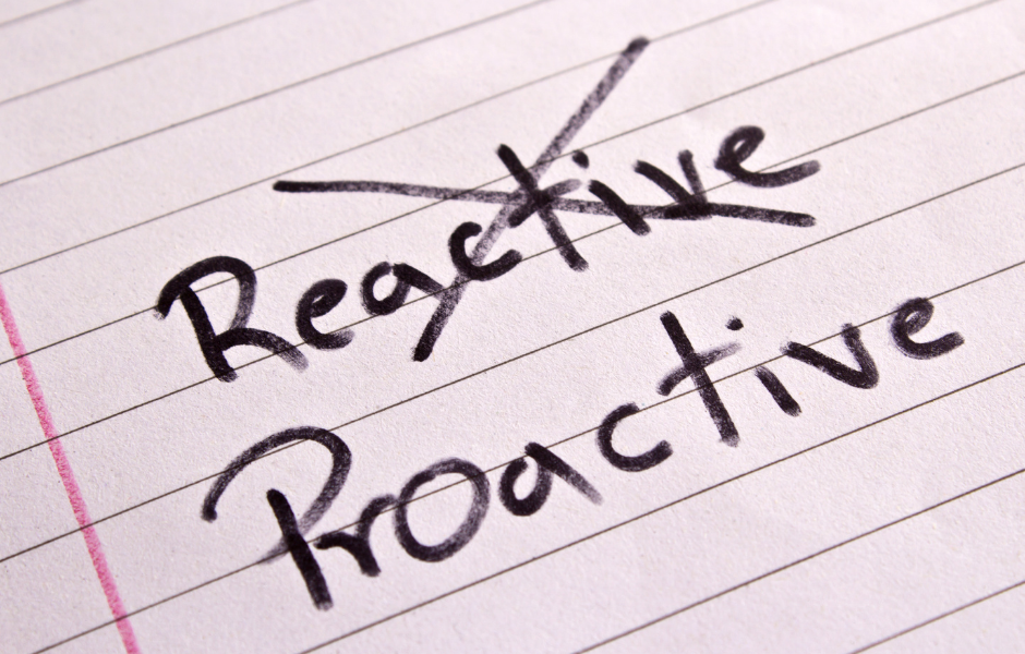 sheet of lined paper. The work "reactive" is written and crossed out. Below it is written "proactive".